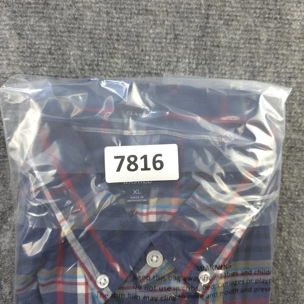 J Crew Flex Washed Shirt XL Blue Plaid Long Sleeve Button Down‎ Classic Stretch